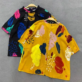Johnature 2021 Naujas Japonų Kelių Spalvų Spausdinimo Laisvi Marškinėliai Moterims Vasaros Atsitiktinis Raukiniai Collor Mygtuką Moteriškos Palaidinukės