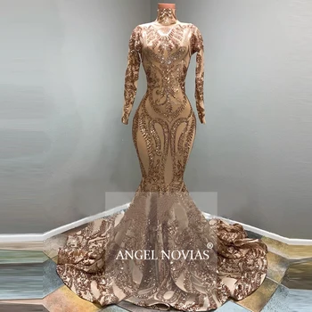 Ilgomis Rankovėmis Elegantiškas Aukšto Kaklo Šampano Sparkle Keltas Suknelės 2020 M. Oficialią Šalies Suknelė Skraiste Princesse De
