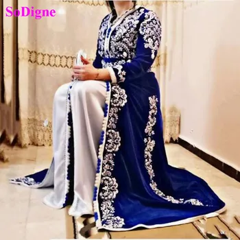 SoDigne Royal Blue Velvet Vakarinę Suknelę Marokas Kaftan Nėrinių Appliques Ilgomis Rankovėmis Abaja Rūbeliai Prom Šalis Suknelė