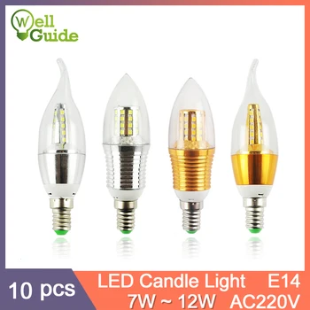 10vnt LED Lemputė E14 Aliuminio Aukso AC220V Šviesos Led Lempos, Kietas WarmWhite LED Žvakių Lemputė 9W 12W Lampada Bombillas Lumiere Lampara