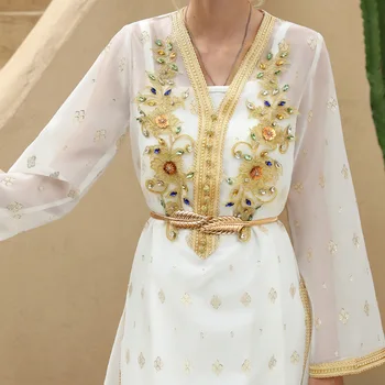 Siskakia šviesos prabanga Aukso Nėrinių Juostelės Krištolo karoliukai Ilga Suknelė Balta V-Kaklo, ilgomis Rankovėmis Dubajus Abaja Marokas Turkry Arabų Suknelės