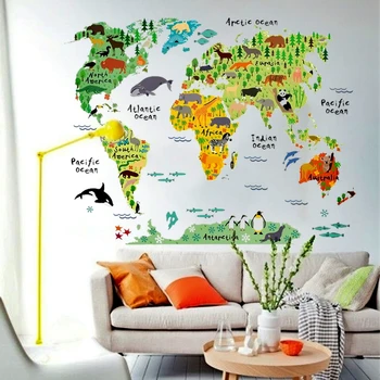Spalvinga gyvūnų pasaulio žemėlapyje sienų lipdukai vaikams kambariai kambarį namų dekoro animacinių filmų pvc sienų lipdukai 