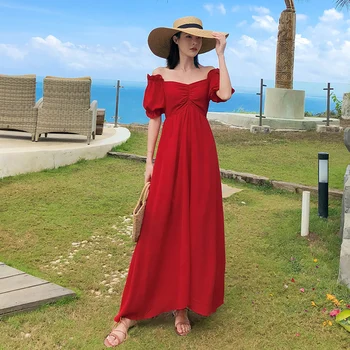 Maxi Derliaus Moterų paaukštintu liemeniu Raudona Suknelė Vasaros Elegantiškas vakarėlis Atostogų Ilga Suknelė Retro kilimo ir tūpimo Tako 2020 Paplūdimio Suknelės korėjos