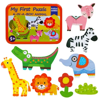 Vaikų žaislai 6 į 1 langelį, Dėlionė, Dėlionės, Mediniai Žaislai, Animacinių filmų Gyvūnų Eismo Galvosūkiai Tangram Vaikų Švietimo Žaislas Vaikams