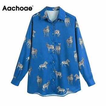 Aachoae Moterų Gyvūnų Spausdinti Derliaus Palaidinės, Marškinėliai 2020 Pasukite Žemyn Apykaklės Office Marškinėliai Zebras Spausdinti Ilgomis Rankovėmis Mados Viršūnes Blusas