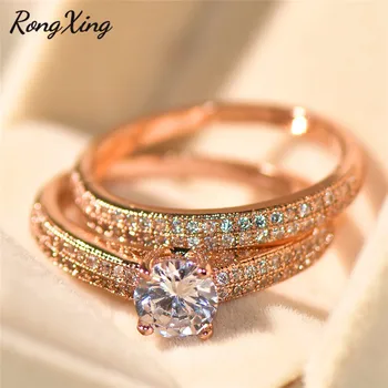 RongXing Rose Gold Filled Vestuvinis Žiedas Rinkinys Moterims, Sidabro Spalva Balta AAA Cirkonis Žiedai, Dvigubas Pora Vestuvių Papuošalai