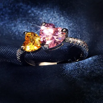 Išskirtinį 925 Sidabro Aukštos Kokybės Rožinės Spalvos Double Peach Širdies Modeliavimas Diamond Letena Nustatyti Cirkonis Moterų Romanas Žiedas Vestuvinis Žiedas