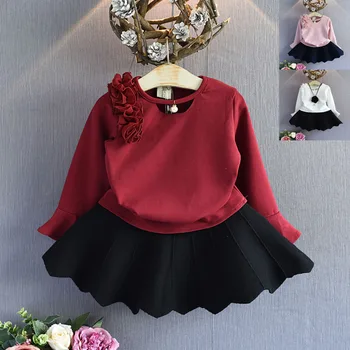 2019 m. Rudenį Naujų Mergaitės Drabužiai Kostiumas ilgomis rankovėmis Marškinėliai, Sijonas 2 dalių Kostiumą Pearl Gėlių Vaiko Drabužius Blyksnius Rankovės Kostiumas
