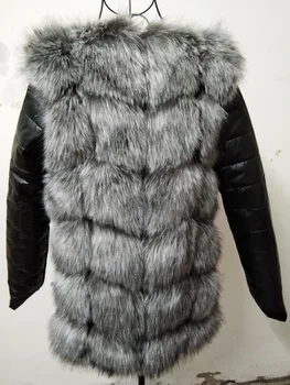 BINYUXD Karšto pardavimas naujų aukštos imitacija sidabro spalvos lapės kailiniai paltai moterims Netikrą kailio liemenė PU rankovėmis, šiltas žieminis paltas lapės kailio paltas moterims