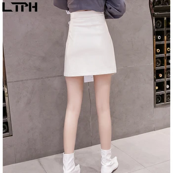 LTPH Mados Mini sijonas korėjos Nesimetriškas PU odos Raukšlės Padalinta Aukšto Juosmens Paketo Klubo Balta moterų sijonai 2020 m. Rudenį Naujų