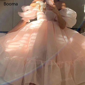 Booma Svajinga Persikų Sluoksniuotos Rankovėmis Prom Dresses nuo Peties Organza Trumpas Prom Chalatai Babydoll Arbata-Ilgis-Line Šalis Suknelės