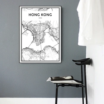 Modernios Sienos Meno Honkongo Žemėlapis Drobė Paveikslų, Juodos ir Baltos spalvos Šiaurės Plakatus Spausdina Nuotraukos Kambarį Namų Dekoro be Rėmelio