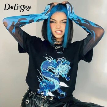 Darlingaga Streetwear Dragon Spausdinti Gotikos Moterų marškinėliai Liepsna Gaisro Akių Kratinys Viršūnes Tees Punk Medvilnės Rudenį marškinėliai Drabužių