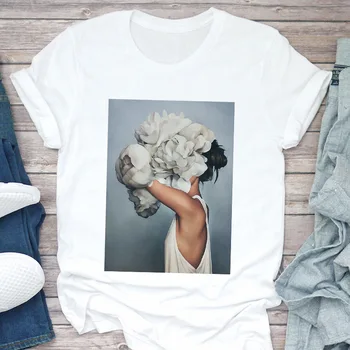 Senovinių Gėlių, Plunksnų Print T Shirt Gotikos Apvalios Kaklo trumpomis Rankovėmis Atsitiktinis Viršūnės T-shirt Moterims, Naujų 2020 m. Harajuku Baltos spalvos Marškinėlius
