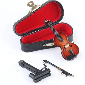 Mediniai Miniatiūra Smuikui su Stovu,Lankas ir Byla Mini Muzikos Instrumentas, Miniatiūriniai Lėlių namelio Modelio Namų Puošybai (3.15 inchX1.1