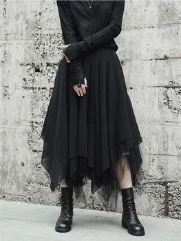 Cakucool Kelių Sluoksnių Tiulio Tutu Sijonas Derliaus Midi Plisuotas Sijonas Moterų Gothic Lolita Asimetrinė Juoda Akių Mujer saias jupe