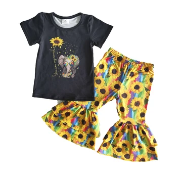 Boutique Bamblys Mergaitėms Trumpomis Rankovėmis, Komplektai, Vaikams, Aukštos Kokybės Marškinėliai Ir Bell Kelnės Mados Babys Saulėgrąžos Modelio Audinys