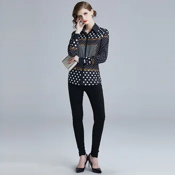 Willstage Black Marškinėliai Moterims Dot Modelio Spausdinti Palaidinė Mygtuką 