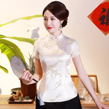 Tradicinis kinų Moterų Top Plius Dydis 3xl 4xl Palaidinė Satino Gėlių Marškinėliai Senovinių Rankų darbo Mygtuką Marškinėliai trumpomis Rankovėmis Kostiumas