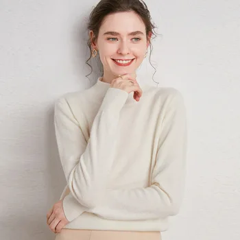 Naujas ponios vientisa spalva aukštas kaklas plonas top ilgomis rankovėmis megzti megztinis