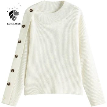 FANSILANEN Atsitiktinis mygtuką iki baltos spalvos megztas megztinis Moterims ilgomis rankovėmis rudens žiemos (puloveris Negabaritinių moterų trikotažas viršuje megztinis
