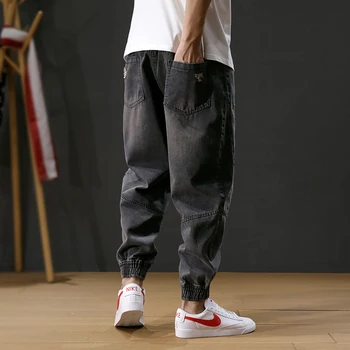 Naujai Mados Streetwear Vyrų Džinsai Palaidi Tinka Retro Mėlyna Spliced Dizaineris Haremas Džinsai Kankina Krovinių Kelnės Hip-Hop Džinsai Vyrams Jogger