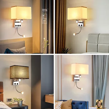 LED sieninis apšvietimas Sconce miegamojo interjeras Sienos Sconces Su Jungikliu E27 Lemputė USB Šiuolaikinės Juodosios Patalpų Naktiniai staleliai, Lempa Pagalvėlė