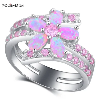ROLILASON Prabangus Putojantis Gėlių Stilius Pink Fire Opal Sidabro Cirkonis bižuterijos Žiedas JAV Sz #5#6#7#8#9#10 OR880