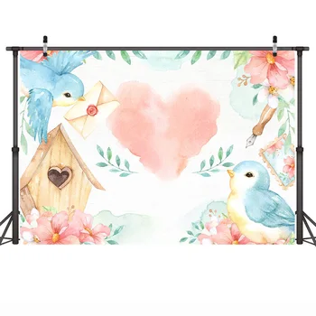 Paukščių Tema Valentino Diena Šalis Fonas Fotografijai Rožinė Širdis Rašyti Meilės Laišką Fone Medžio Namas Rožių Akvarelė