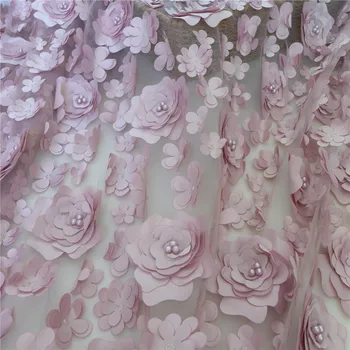 Išskirtinį 3D Gėlių Pearl Puošnios Nėrinių Audinys, Vestuvinės Suknelės Tiulio Tinklelio, Nėrinių Audinys 1 Kiemas Nemokamas Pristatymas