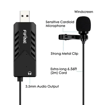 FIFINE Lavalier Clip-on Cardioid Kondensatoriaus Kompiuterio mic plug and play USB Mikrofonas Su Garso Korta PC ir 
