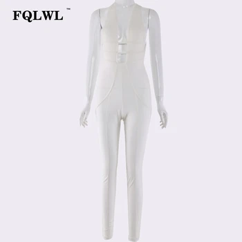 FQLWL Elegantiškas Bodycon Tvarstis Seksualus Moterų Jumpsuit V Kaklo Tuščiaviduriai Iš Backless Balta Rompers Moterų Jumpsuit Moterų Playsuit