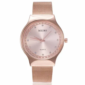 Mados Moterų Rose Aukso kalnų krištolas Kvarciniai Laikrodžiai MEIBO Prekės Atsitiktinis Ponios Nerūdijančio Plieno Tinklelio, Laikrodžiai Relogio Feminino