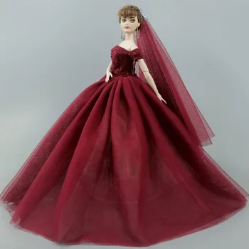 Tamsiai Raudona Mados Lėlės Suknelė Barbie Lėlės Vestuvių Suknelės, Apranga, Vakariniai Šalies Suknelė Ilga Suknelė Drabužius, 1:6 Lėlės Priedai
