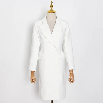 TWOTWINSTYLE Atsitiktinis Balta Suknelė moterų V-Kaklo, ilgomis Rankovėmis Aukštos Juosmens Kišenėje Minimalistinės Suknelės Moterų 2020 M. Rudenį Mados Nauja Banga