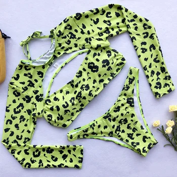 2021 ilgomis rankovėmis Neoninė Žalia Leopard bikini moterims bikini maudymosi kostiumėlį nustatyti seksualus maudymosi kostiumėliai, moterų Brazilijos maudymosi kostiumą plaukti paplūdimio drabužiai