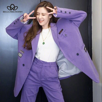 Bella Filosofija 2019 M. Rudenį Moterys Velvetas violetinė Vieną Krūtinėmis Švarkas Lady Žingsniu Apykaklės Streetwear Moteriška Dviejų dalių Komplektas