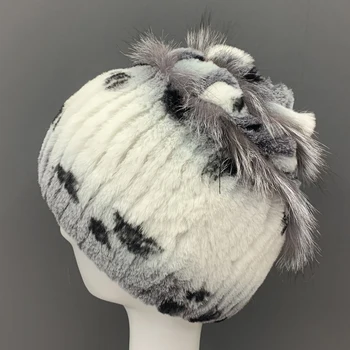 Naujas žiemos šiltos kepurės moterims gėlių stilingas beanies natūralaus triušio fox purus sniegas, kailiniai skrybėlės rankomis megzti siuvami rusijos skrybėlę