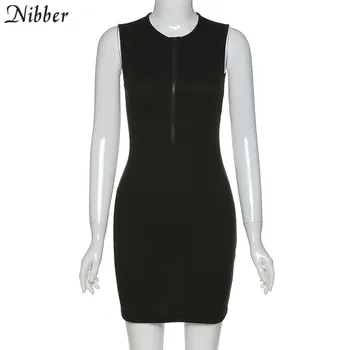 Nibber paprasta rankovių bodycon užtrauktukas mini suknelės 2020 metų vasaros kietas gatvės atsitiktinis Šonkaulio paketo klubo suknelė elastinga slim dėvėti