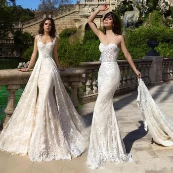 2020 m. Derliaus prancūzijos Stilingas 2 in 1 Vestuvinių Suknelių Chalatas De Mariee Subtilus Išsiuvinėta su Tiulio Nuimamas Traukinio Vestuvių Dresss