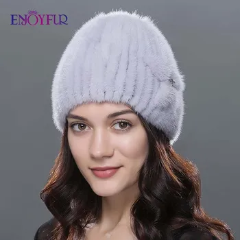 ENJOYFUR Moterų žiemos kailiniai skrybėlės nekilnojamojo audinės kailio kepurę storas šiltas mados megzti kailio beanies moterų geros kokybės kailio kepurė