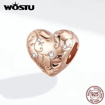 WOSTU 925 Sterlingas Sidabro Gėlė Retro Modeliai Širdies Karoliukai Rose Gold Žavesio Tinka Originalios Apyrankės Pakabukas 