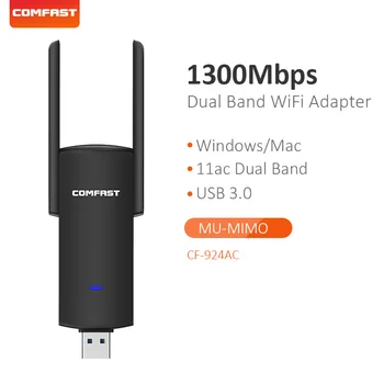 Comfast wifi adapter USB dual band 5.8 GHz+2.4 GHz Wi-fi Imtuvas aukštos 1300Mbps greičio belaidį 2*antena 2dBi PC ntework kortelės