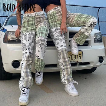 Bold Atspalvį Čiuožėjas Stilius Derliaus Streetwear Baggy Jeans Kankina Pledas 90s Indie Estetinės Kelnes Kratinys Moterų Tiesios Kelnės Karšto