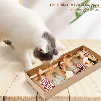 Katė Žaislas Septynių Dalių Dovanų Dėžutėje Nustatyti Plunksnų Varpai Funny Cat Stick Lino Pelės Katžolių Žaislas Naminių Reikmenys