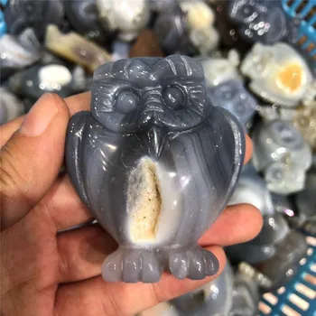 Puikus Natūralus Agatas Pelėda Figūrėlės Miniatiūros Rankų Darbo Raižytas Onikso Gyvūnų Statula Feng Shui Gydymo Kristalų Namų Puošybai