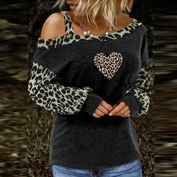 Seksualus Vieną petį, Palaidinė Marškinėliai Moterims Širdies Leopardas Spausdinti Kratinys Puloveris Viršūnes Rudenį Elegantiškas Ponios ilgomis Rankovėmis Blusa