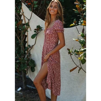 Gėlių Atspausdintas Padalinta Hipių Midi Suknelė Sluoksniuotos Rankovėmis Derliaus Ilgai Vestidos Vasaros 2019 Paplūdimio Atsitiktinis Boho Drabužiai Moterims, Suknelės
