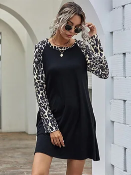 Leopard Kišenėje Suknelė Moterims ilgomis Rankovėmis Prarasti Suknelės Raglan Rankovėmis Mini Suknelė O-kaklo Pavasarį, Rudenį Homewear Atsitiktinis Juoda Suknelė
