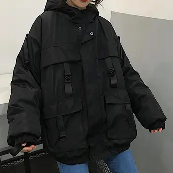Harajuku Parkas Žiemos Korėjos Tirštėti Gobtuvu Striukė 2020 M. Pavasarį Naujas Juodas Streetwear Bf Stiliaus Purus Kailis Outwear